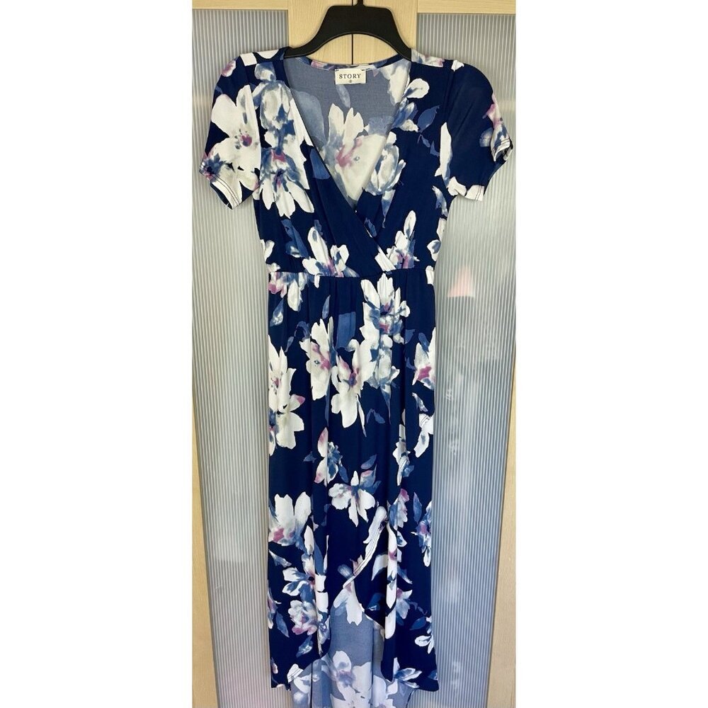 STORY Dress Womens Size S Blue Summer Floral Maxi Hi Low‎ Casual Party Boho